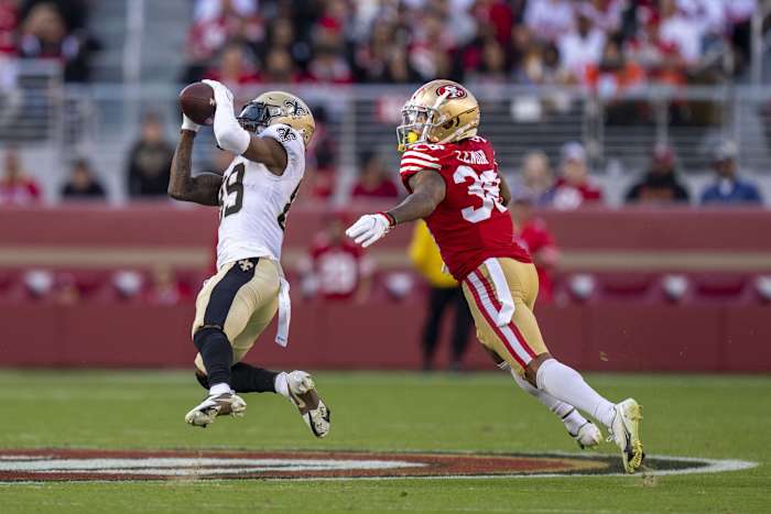 New Orleans Saints wide receiver Rashid Shaheed (89) catches the football against San Francisco 49ers cornerback Deommodore Lenoir (38). Mandatory Credit: Kyle Terada-USA TODAY